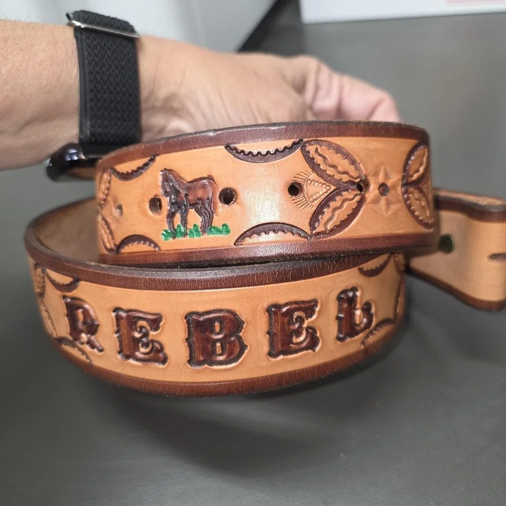 Tooled Leather Horse Rebel Belt Mens 40 Brown Western Cowboy Rodeo Equestrian